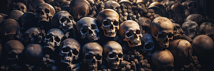 pile of death human skulls and bones of dead in ancient crypt grave burial. Skeletons in a dark scary catacombs dungeon - obrazy, fototapety, plakaty