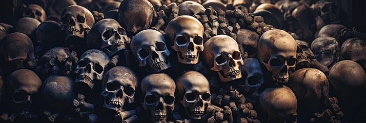 Foto op Canvas pile of death human skulls and bones of dead in ancient crypt grave burial. Skeletons in a dark scary catacombs dungeon © alexkoral