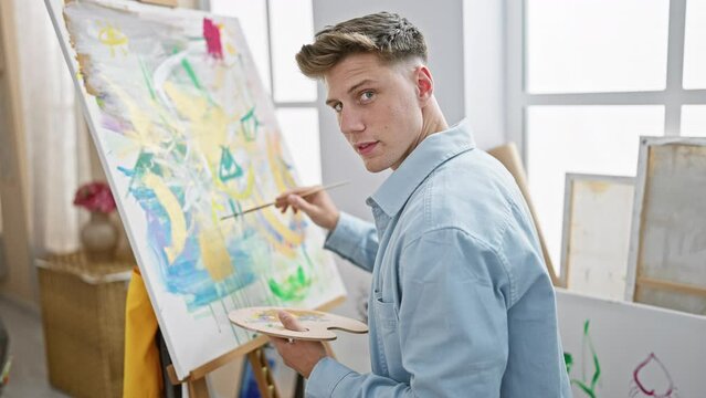 Smiling young caucasian artist confidently drawing in an indoor art studio, enjoying the joy of creativity