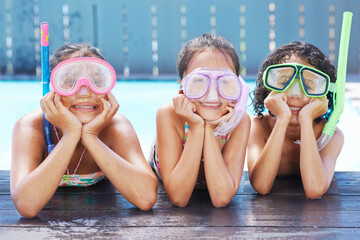 Pool, smile and portrait of children with goggles for swimming lesson, activity or hobby fun....