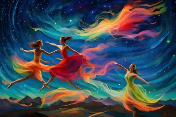 Whimsical dancers riding the colorful winds of the aurora borealis. Their graceful movements paint...