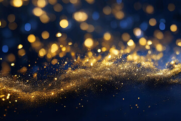 Shimmering gold festive backdrop. Twinkling lights, bokeh effect on deep navy blue. Smooth, shiny gold foil texture for elegant designs.