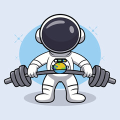 Cute astronaut lifting barbell cartoon icon illustration science sports icon concept isolated. flat cartoon style