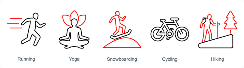 Obraz premium A set of 5 Hobby icons as running, yoga, snowboarding