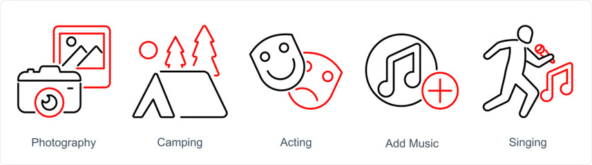 A set of 5 Hobby icons as photography, camping, acting