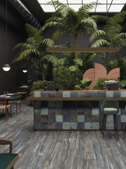 Coffee shop front of classical style commercial. Interior of cafe with pastel brown colored tile. 3D Rendering