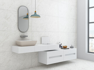 The interior of a lavish bathroom includes a white bathtub, a unique white basin with a window beside it, other accessories, and a floor and wall made of beige marble. Mock up. 3D Rendering
