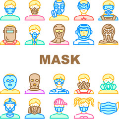 mask virus face surgical doctor icons set vector. health medical, coronavirus safety, care hygiene, flu corona, mouth, hospital mask virus face surgical doctor color line illustrations