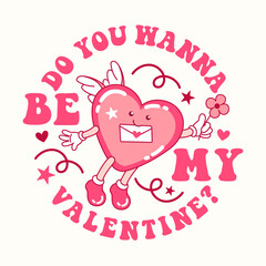 Fun groovy print with heart shaped mascot. Funky pink tone vector illustration. Funny greeting quote and angel with valentine card.