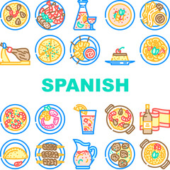 spanish cuisine food spain paella icons set vector. dish mediterranean, tortilla onion, omelet table, mussel gourmet, olive, traditional spanish cuisine food spain paella color line illustrations