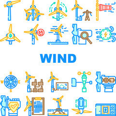 Naklejka premium wind energy power turbine icons set vector. farm renewable, sustainable industry, electric generator, green environment, mill wind energy power turbine color line illustrations