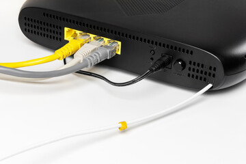 black gpon subscriber terminal with connection to a fiber optic Internet network and various...