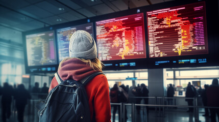 A women looking at the flight information board at an Airport Terminal
