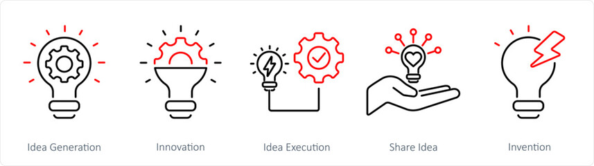 A set of 5 Idea icons as idea generation, innovation, idea execution