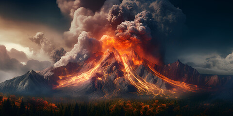 A Volcano Erupting Nature Disaster , Eruption Emergency: A Volcano Unleashing Its Destructive Force - obrazy, fototapety, plakaty