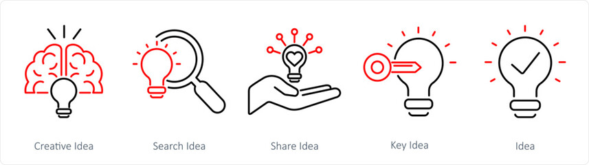 A set of 5 Idea icons as creative idea, search idea, share idea