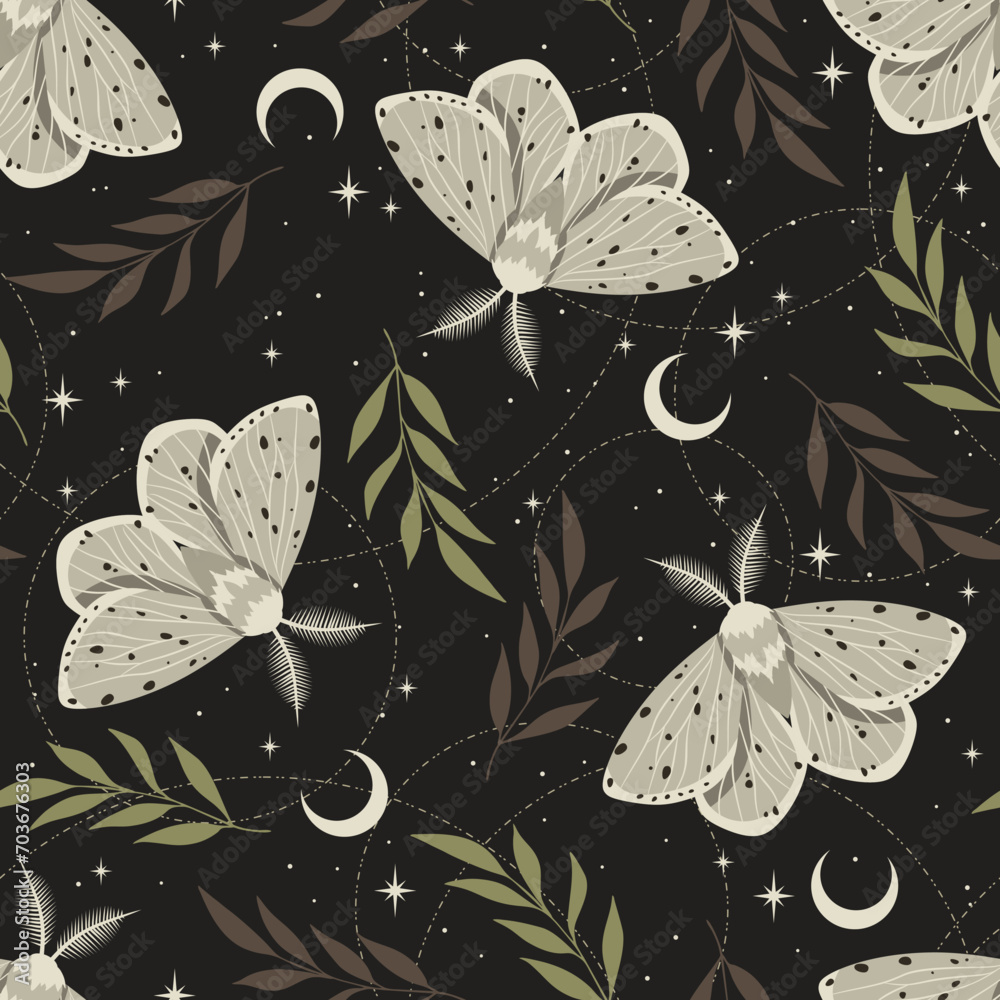 Wall mural magic celestial seamless pattern with moths. boho magic background with space elements stars. vector