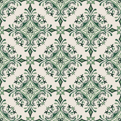 Seamless green patchwork tile with Islam, Arabic, Indian, ottoman motifs. Ceramic tile in talavera style. Vector illustration.