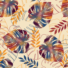 Colorful pattern with tropical leaves and abstract strokes. Monstera pattern © Любовь Овсянникова