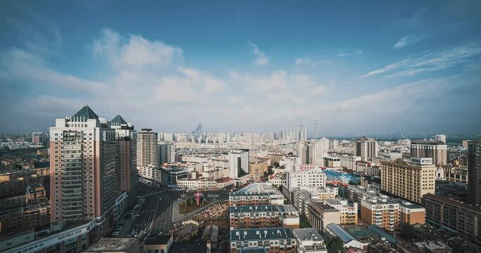 China, Heilongjiang, Harbin, cities, tourist destinations, high perspective, development, urban skyline, urban area, modern city, scenery, sky, traffic flow, transportation, roads, cars
