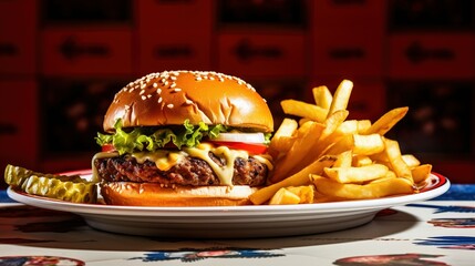 Close-up of a burger and fries on a vintage-style plate, creating an inviting website header with room for text