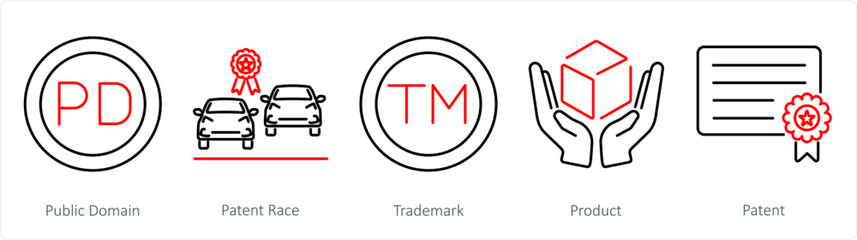 A set of 5 Intellectual Property icons as public domain, patent race, trademark