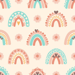 Pattern with boho rainbow in a naive children's style. Seamless pattern with rainbow in pastel colors. Illustration for textile, fabric design, wallpaper, wrapping paper and other printing.  © Natalie Luff 