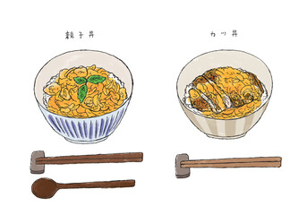 親子丼とカツ丼の手描きイラスト（カラー）