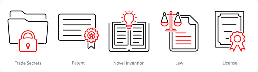 A set of 5 Intellectual Property icons as trade secrets, patent, novel invention