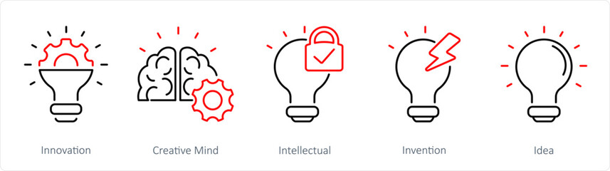A set of 5 Intellectual Property icons as innovation, creative mind, intellectual
