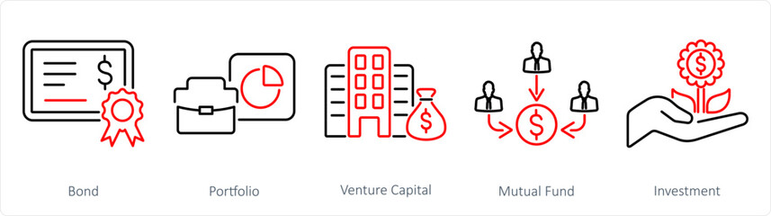 A set of 5 Investment icons as bond, portfolio, venture capital - obrazy, fototapety, plakaty