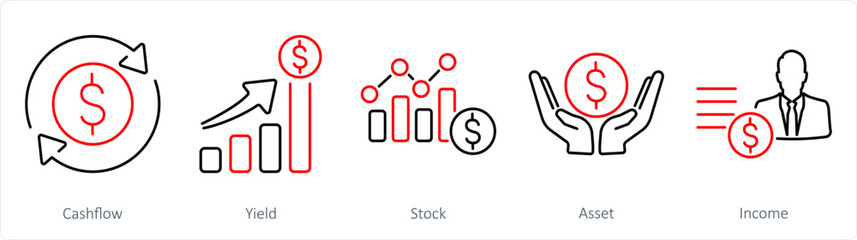 A set of 5 Investment icons as cashflow, yield, stock