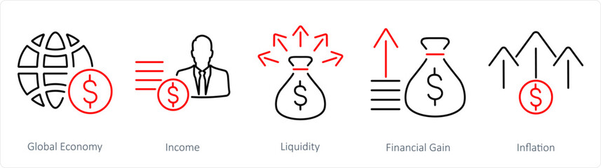 A set of 5 Investment icons as global economy, income, liquidity