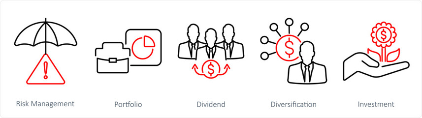 A set of 5 Investment icons as risk management, portfolio, dividend