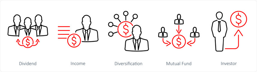 A set of 5 Investment icons as dividend, income, diversification