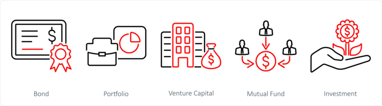 A set of 5 Investment icons as bond, portfolio, venture capital