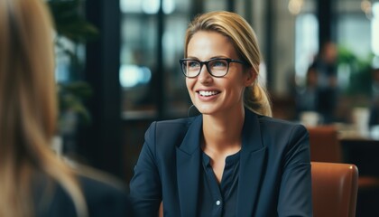 Confident businesswoman in job interview showcasing skills and qualifications, hiring image for job postings