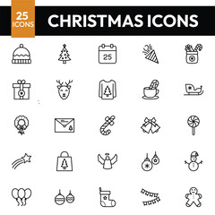 
Christmas - thin line vector icon set. Editable stroke. Pixel Perfect. The set contains such icons as Santa Claus, Christmas, Gift, Reindeer, Christmas Tree, and Snowflake. Christmas icons, vector

