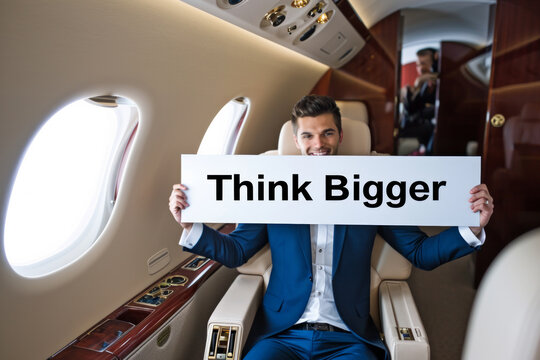 Think bigger concept image with rich successful young man in private jet holding a sign with written word Think Bigger