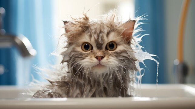 A cat enjoying a bath with a hilariously unamused expression