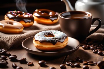 A cozy scene of donuts placed beside a cup of coffee on a rustic table, creating a warm atmosphere and a spot for text along the edge, background image, generative AI - obrazy, fototapety, plakaty