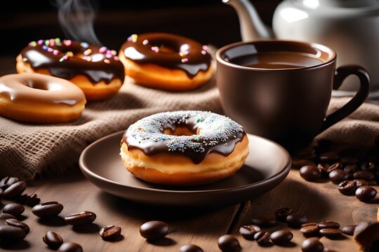 A cozy scene of donuts placed beside a cup of coffee on a rustic table, creating a warm atmosphere and a spot for text along the edge, background image, generative AI