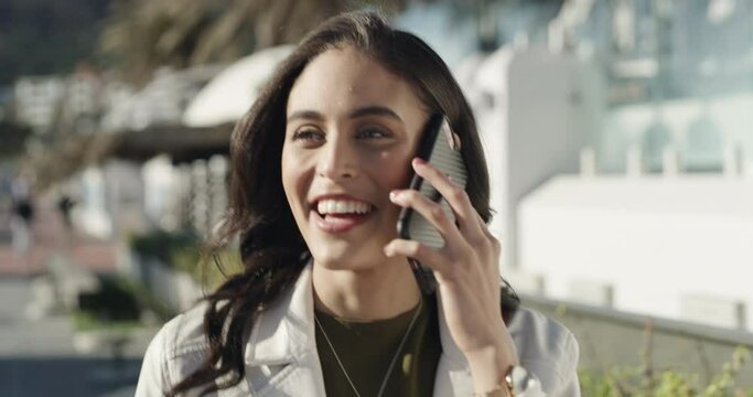 Walking, smile and woman on a phone call in city for shopping with sale, promotion or discount. Happy, housewife and rich female person on mobile conversation with posh lifestyle commuting in town.