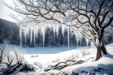 A Mountain Orchard Spring in the winter, covered in a blanket of snow, icicles hanging from tree branches, a serene and icy beauty, capturing the quietude of the season