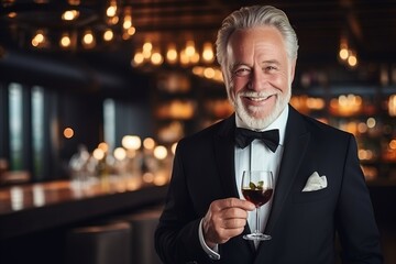 Portrait of a happy senior man holding a glass of red wine
