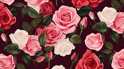 Beautiful roses background illustration. White, pink, and red flowers pattern.