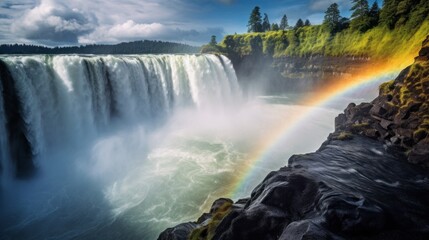 A rainbow emerging from behind a cascading waterfall
