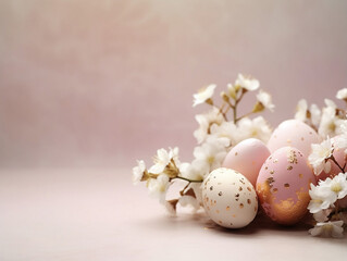 Naklejka na ściany i meble Colorful metallic Easter eggs with golden decor and cherry blossoms, copy space, pink background