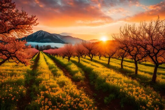 A Mountain Orchard Spring during a vibrant sunrise, warm colors painting the sky, the orchard awakening to the new day, dewdrops glistening on leaves