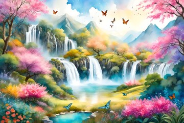 Fototapeta na wymiar A lively Mountain Orchard Spring, featuring cascading waterfalls, colorful butterflies, and birds, a harmonious blend of nature's elements, the air filled with the scent of blooming flowers